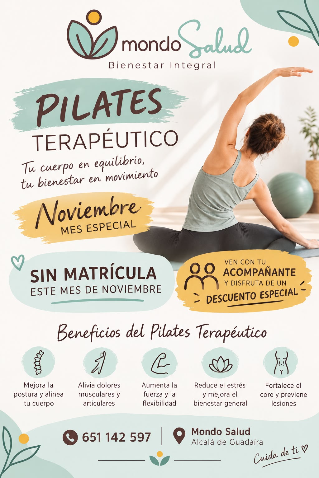 Pilates terapéutico en MondoSalud, Alcalá de Guadaíra. En noviembre, sin matrícula y descuento especial al venir con acompañante. Información: 651 142 597.